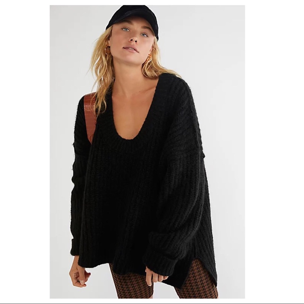 FREE PEOPLE BOHO SWEATER OVERSIZED TUNIC COZY BLACK WINTER PULLOVER A2C - Picture 10 of 13